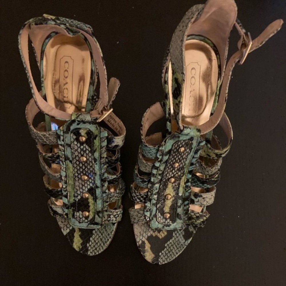 Coach Snakeskin Sarafina Sandal Heels in Blue Green Size 6.5